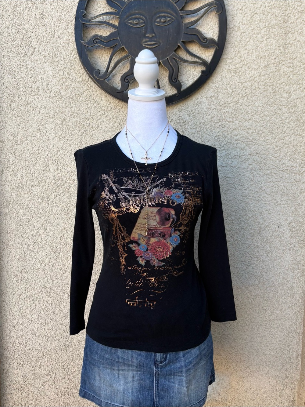 Y2K Black Gold Foil Floral Baroque Euro Style Graphic Top Dark Academia Vintage